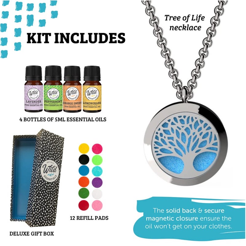 mEssentials Wild Essentials Tree of Life Necklace Essential Oil Diffuser Kit With Lavender, Lemongrass, Peppermint, Orange Oils, 12 Refill Pads, Calming Aromatherapy Gift Set, Customizable Color Changing, Perfume - Image 3